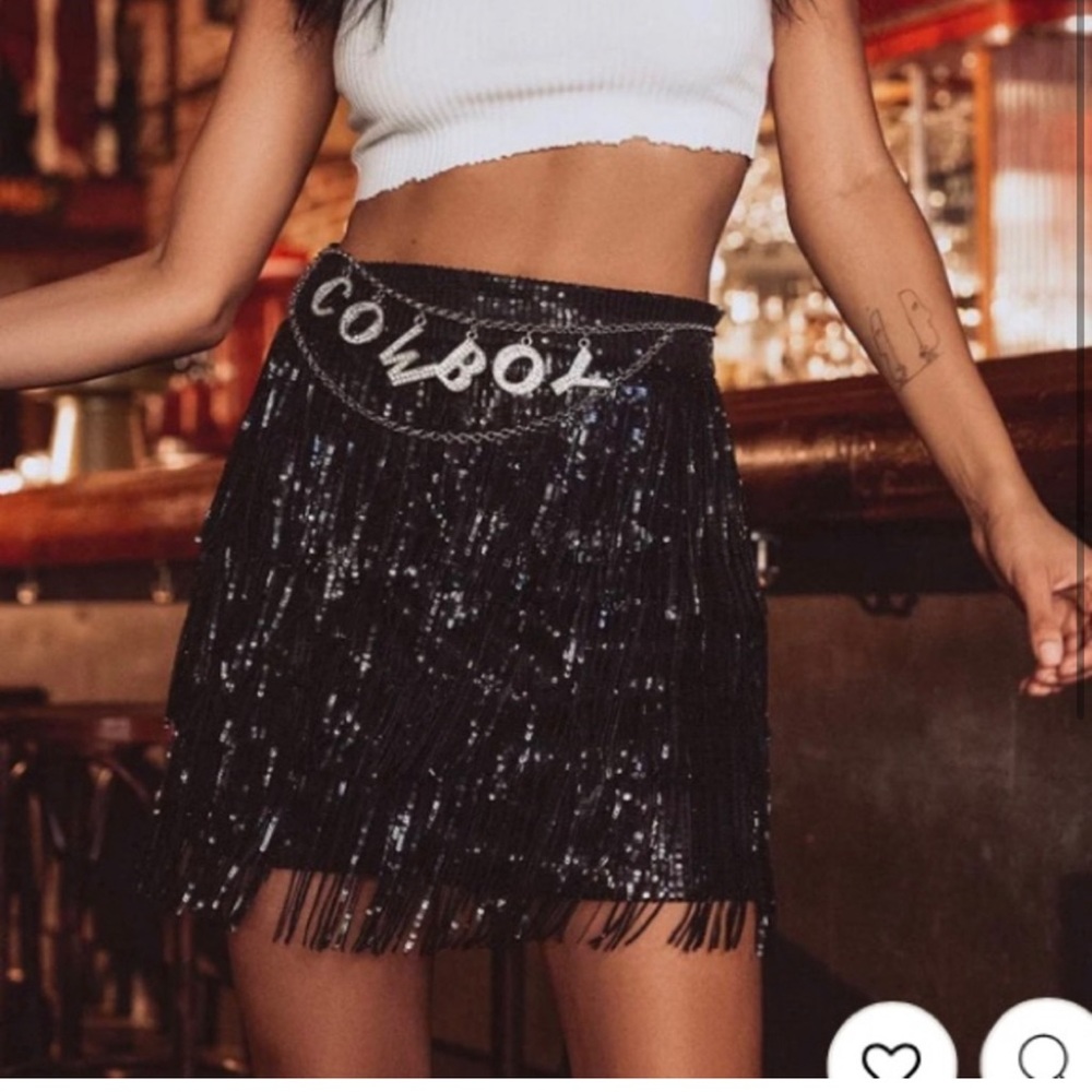 12th Tribe Shotgun Black Sequin Fringe Mini Skirt